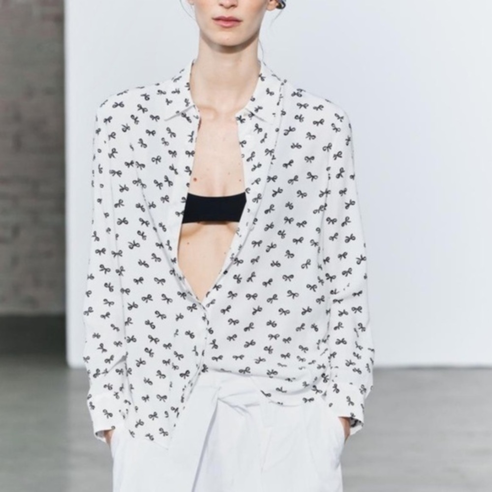 Zara white and black printed button down shirt